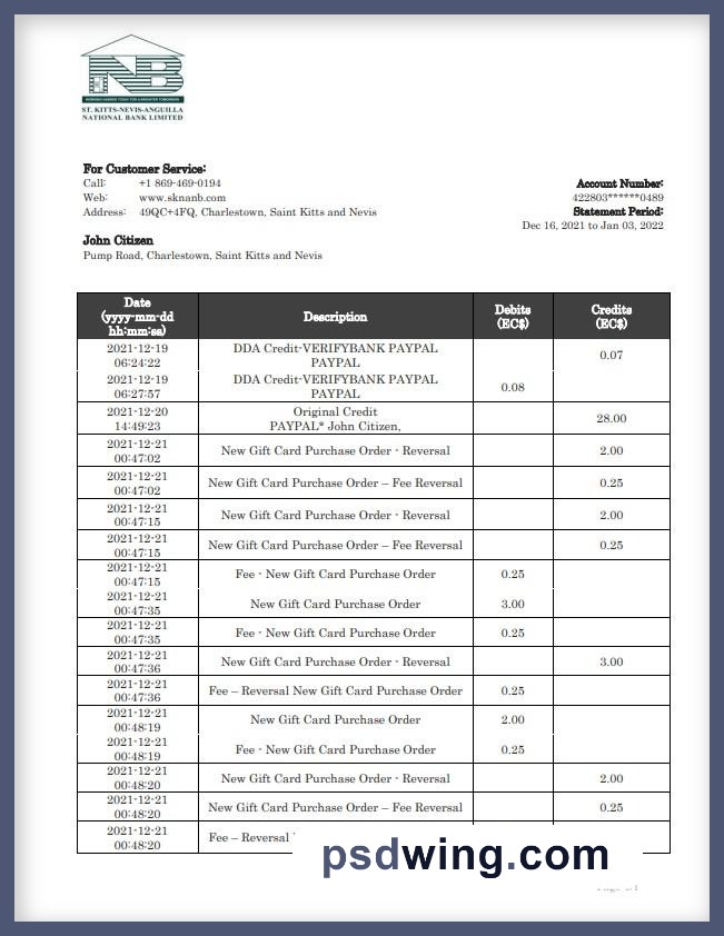 Saint Kitts and Nevis SKNA Bank Statement (Word)